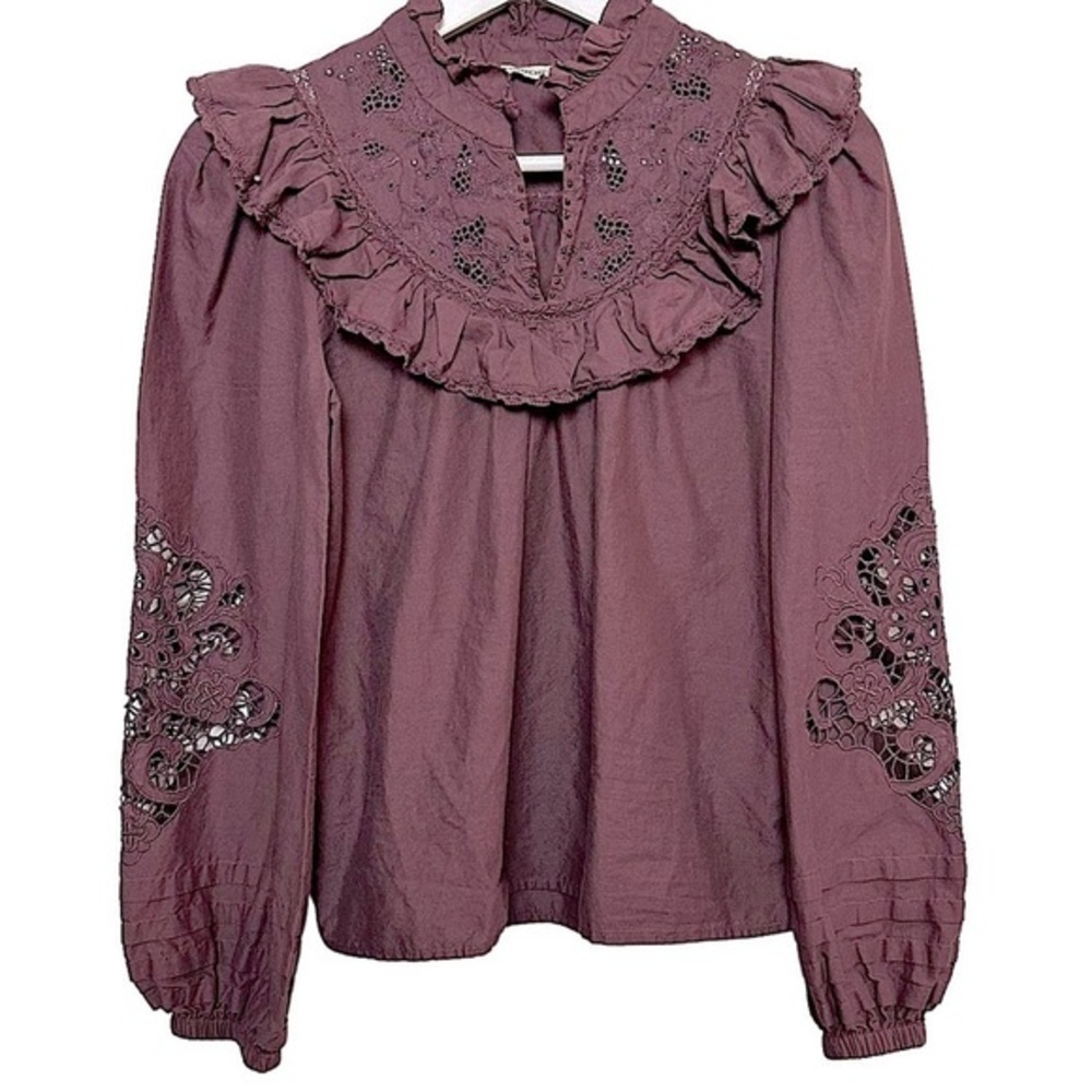 St. Roche Clair Top Rasin Plum Peasant Long Sleeve Crochet Detail Shirt sz 6